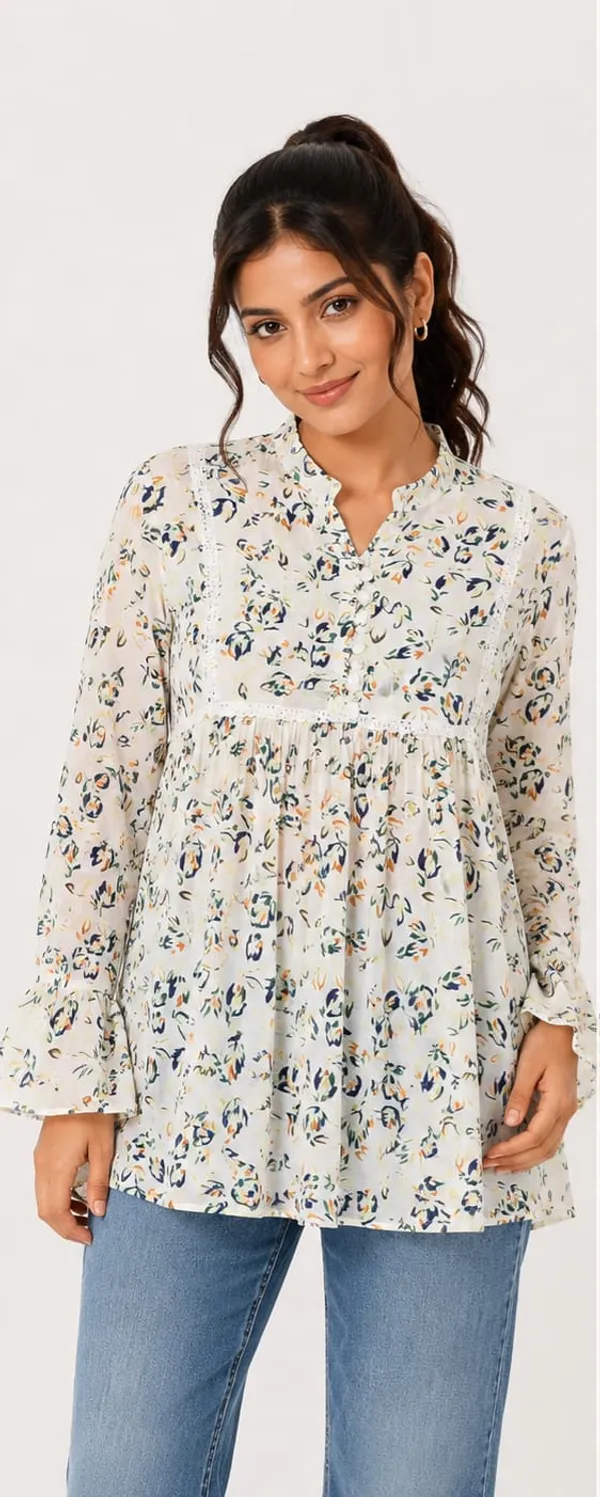 White_Chiffon_Floral_Print_Full_Sleeve_Tunic_Top_For_Women