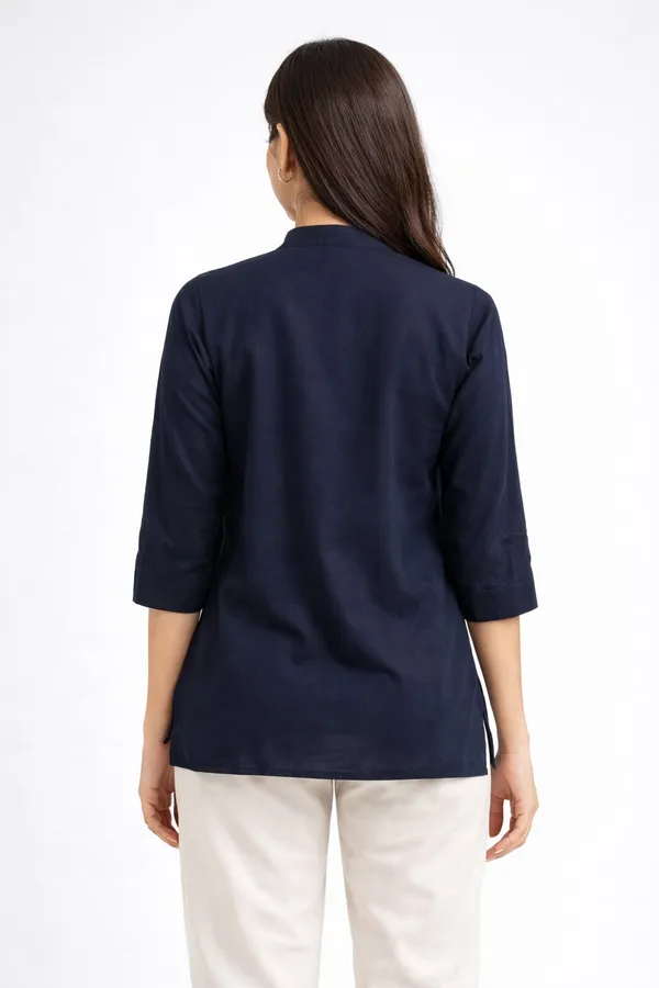 Navy_Blue_Cotton_Mandarin_Collar_Top_For_Women