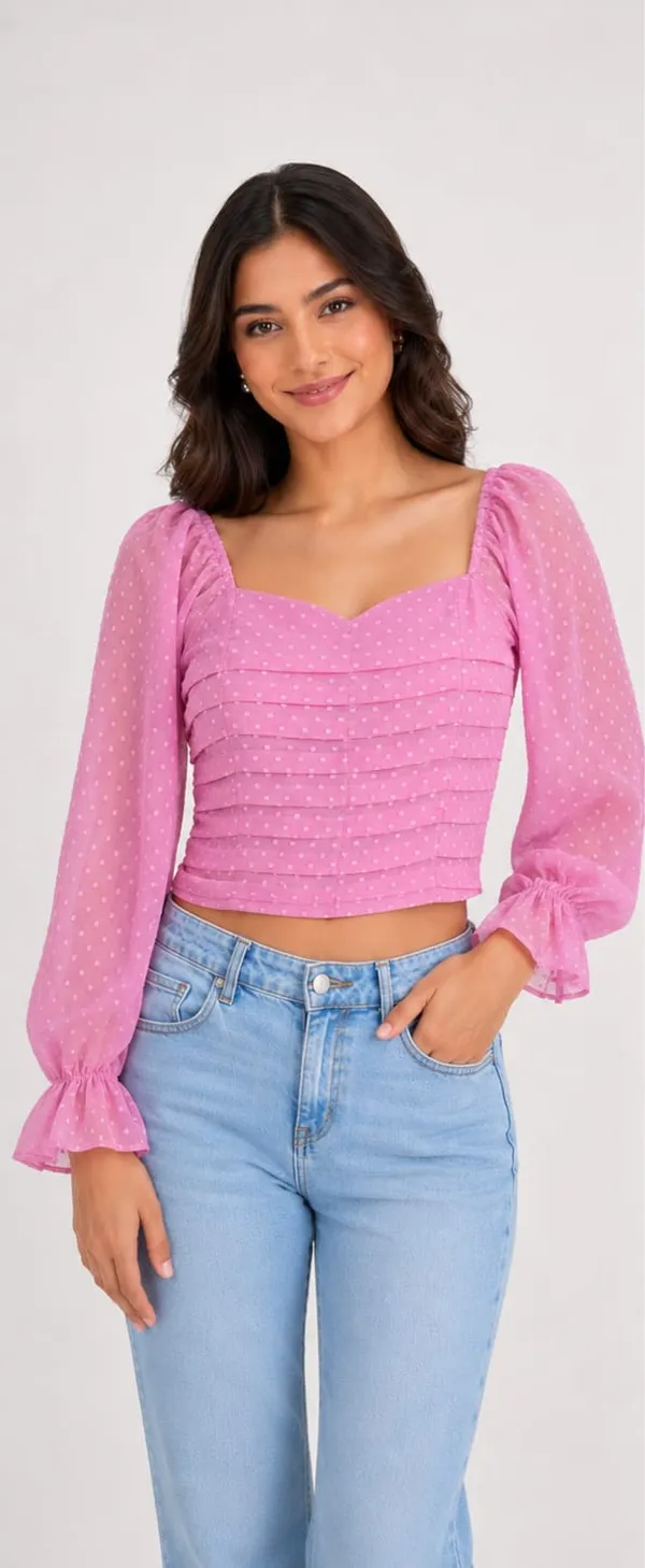 Pink_Chiffon_Polka_Dot_Ruched_Long_Sleeve_Crop_Top_For_Women