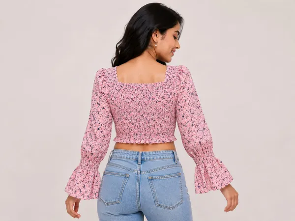 Pink_Chiffon_Floral_Print_Smocked_Peplum_Top_For_Women