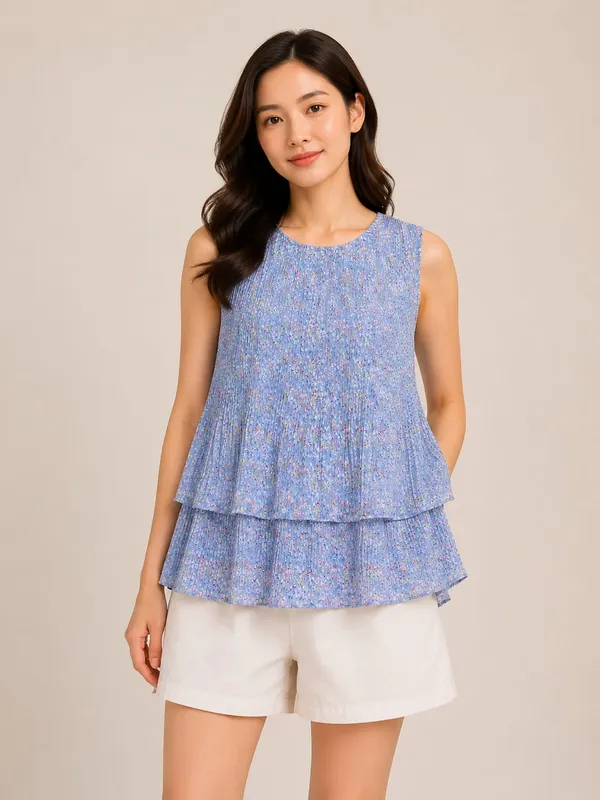 Blue_Crepe_Floral_Print_Sleeveless_Tiered_Top_For_Women