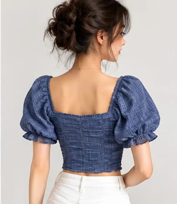 Grey_Chiffon_Checkered_Ruched_Puff_Sleeve_Crop_Top_For_Women