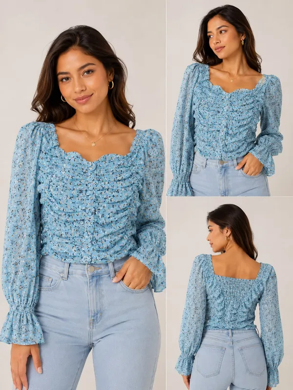 Blue_Chiffon_Floral_Print_Ruched_Full_Sleeve_Top_For_Women