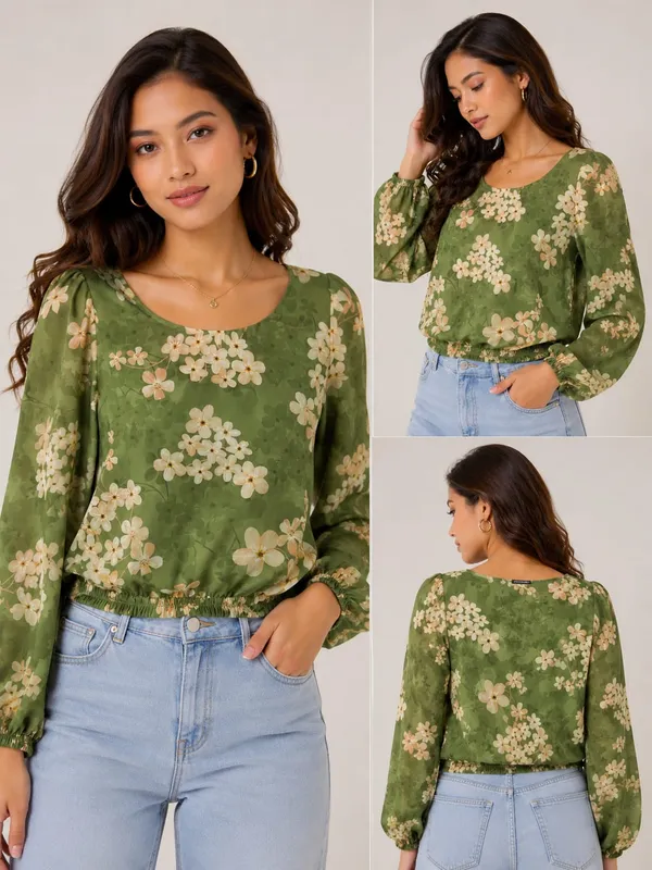 Green_Chiffon_Floral_Print_Blouson_Top_For_Women