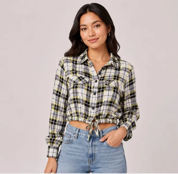 Yellow_Rayon_Plaid_Cropped_Button-Down_Shirt_For_Women