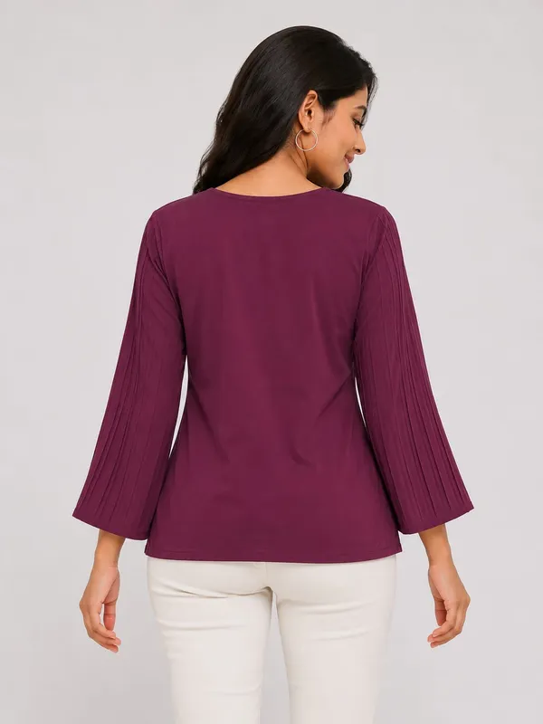 Wine_Satin_Textured_Sleeve_Round_Neck_Top_For_Women
