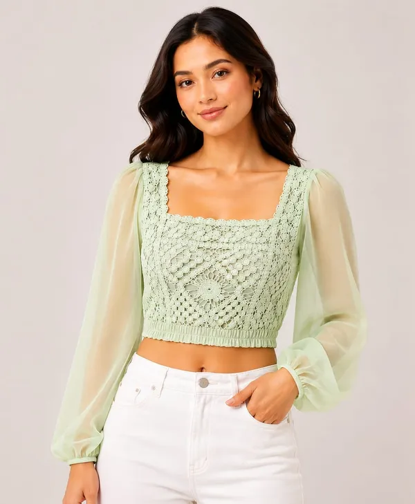 Green_Chiffon_Knitted_Sheer_Sleeve_Crop_Top_For_Women