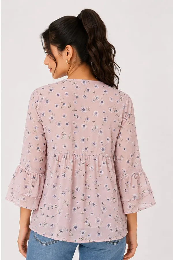 Dusty_Pink_Chiffon_Floral_Print_Flared_Top_For_Women