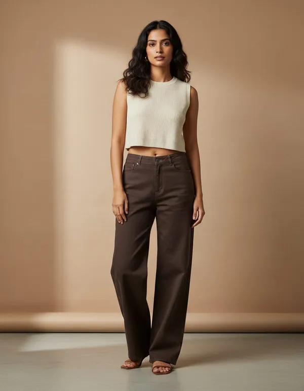 Brown_Denim_High_Waist_Wide_Leg_Trousers_For_Women