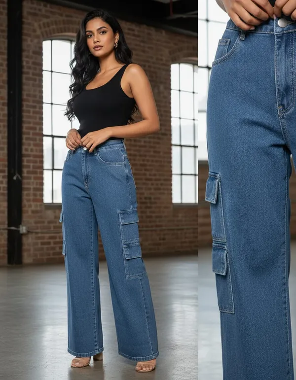Dark_Blue_Denim_High_Rise_Wide_Leg_Cargo_Jeans_For_Women