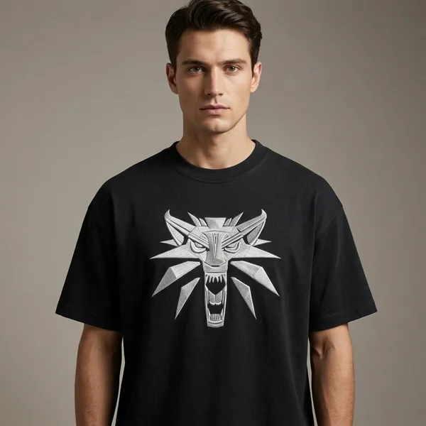 Black_Cotton_Witcher_Wolf_Medallion_Embroidered_T-Shirt_For_Unisex