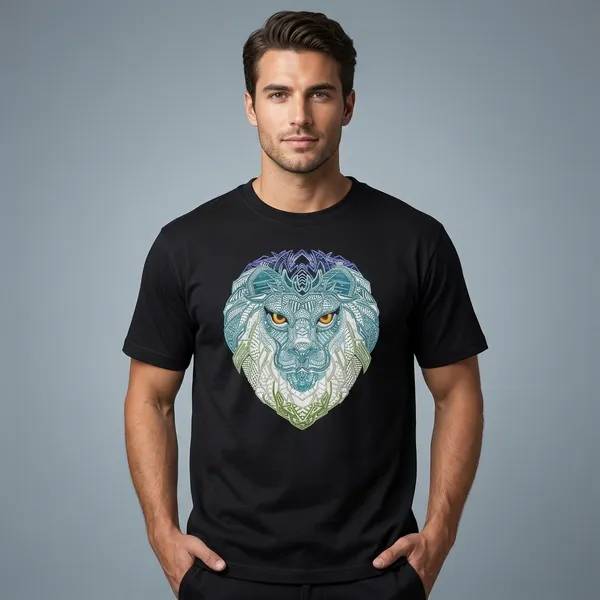 Black_Cotton_Geometric_Lion_Print_T-Shirt_For_Unisex