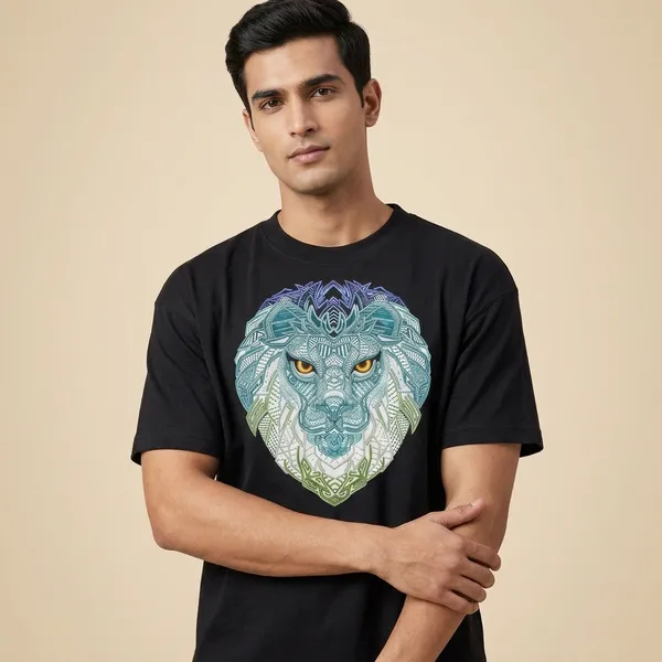 Black_Cotton_Geometric_Lion_Print_T-Shirt_For_Unisex