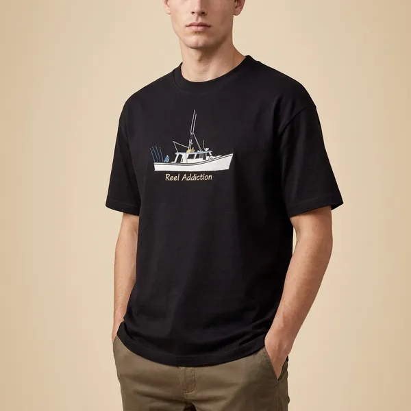 Black_Cotton_Reel_Addiction_Fishing_Boat_Graphic_T-Shirt_For_Unisex