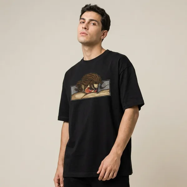 Black_Cotton_Oversized_Japanese_Art_Fierce_Character_Embroidered_T-Shirt_For_Unisex