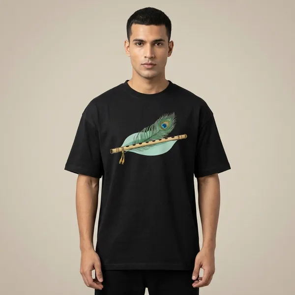 Black_Cotton_Oversized_Krishna_Peacock_Feather_Flute_Graphic_T-Shirt_For_Unisex