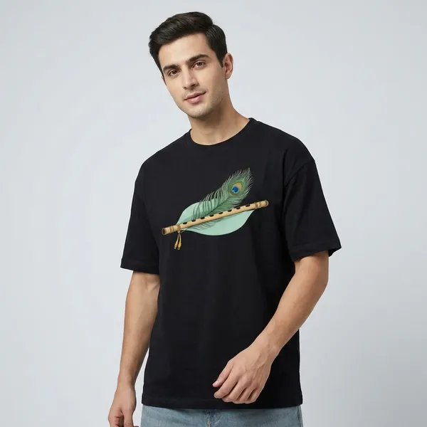 Black_Cotton_Oversized_Krishna_Peacock_Feather_Flute_Graphic_T-Shirt_For_Unisex