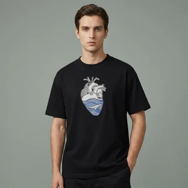 Black_Cotton_Anatomical_Heart_Ocean_Wave_Embroidered_T-Shirt_For_Unisex
