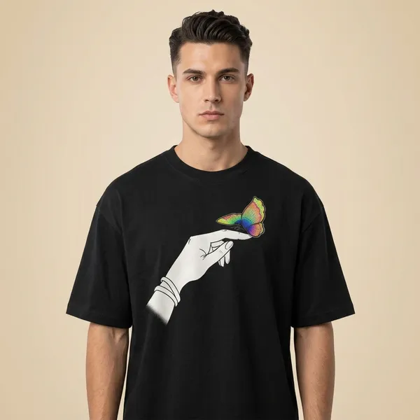 Black_Cotton_Rainbow_Butterfly_Hand_Print_Oversized_T-Shirt_For_Unisex