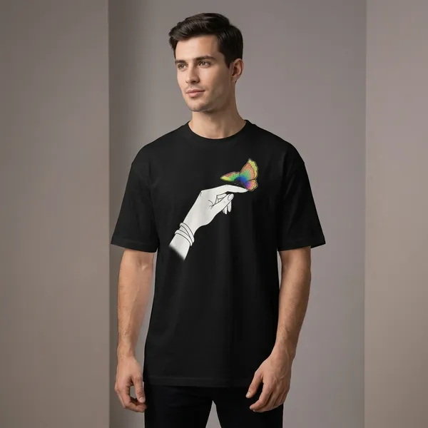 Black_Cotton_Rainbow_Butterfly_Hand_Print_Oversized_T-Shirt_For_Unisex