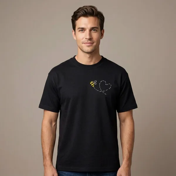 Black_Cotton_Embroidered_Bee_&_Heart_Design_T-Shirt_For_Unisex