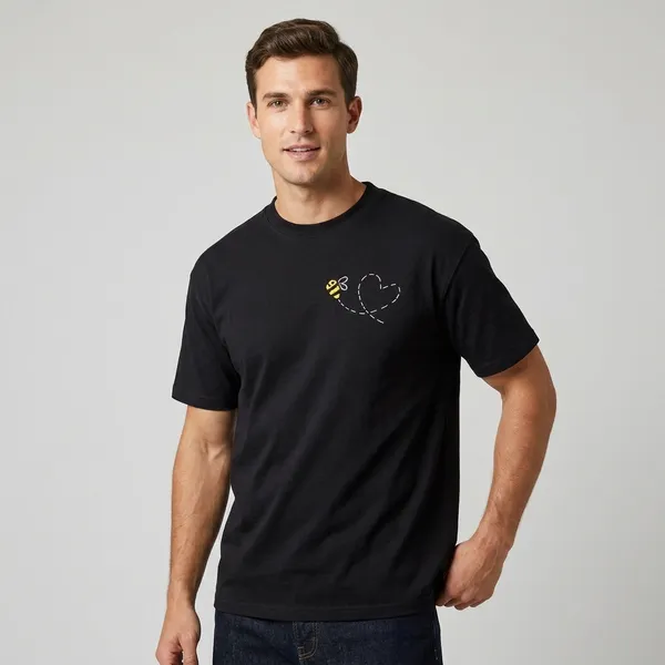 Black_Cotton_Embroidered_Bee_&_Heart_Design_T-Shirt_For_Unisex