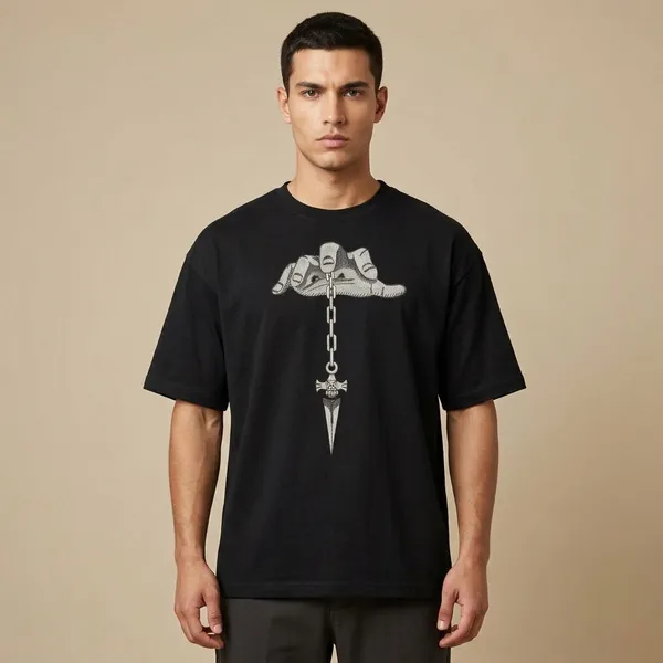 Black_Cotton_Oversized_Gothic_Dagger_Chain_Graphic_T-Shirt_For_Unisex