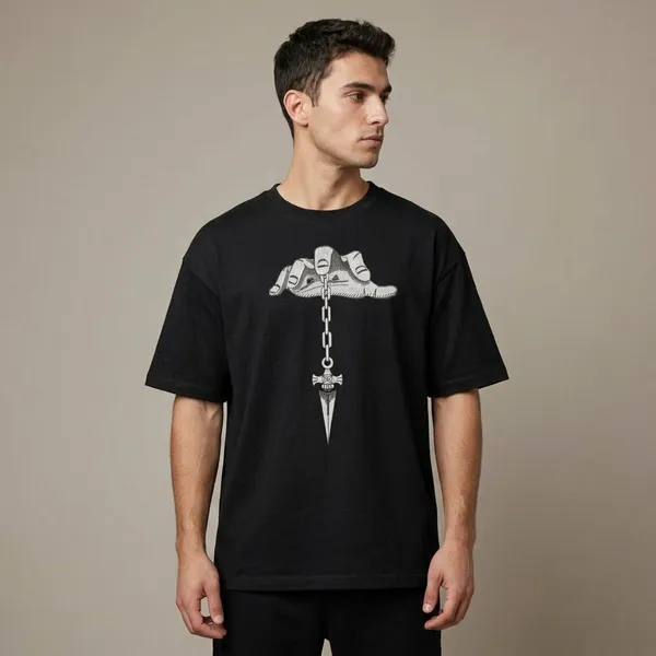 Black_Cotton_Oversized_Gothic_Dagger_Chain_Graphic_T-Shirt_For_Unisex