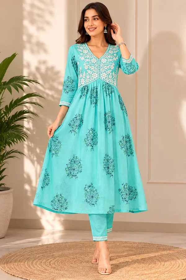 Turquoise_Cotton_Anarkali_Kurta_Set_For_Women