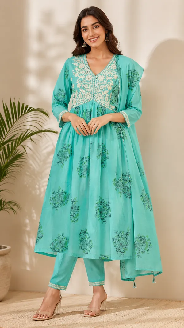 Turquoise_Cotton_Anarkali_Kurta_Set_For_Women