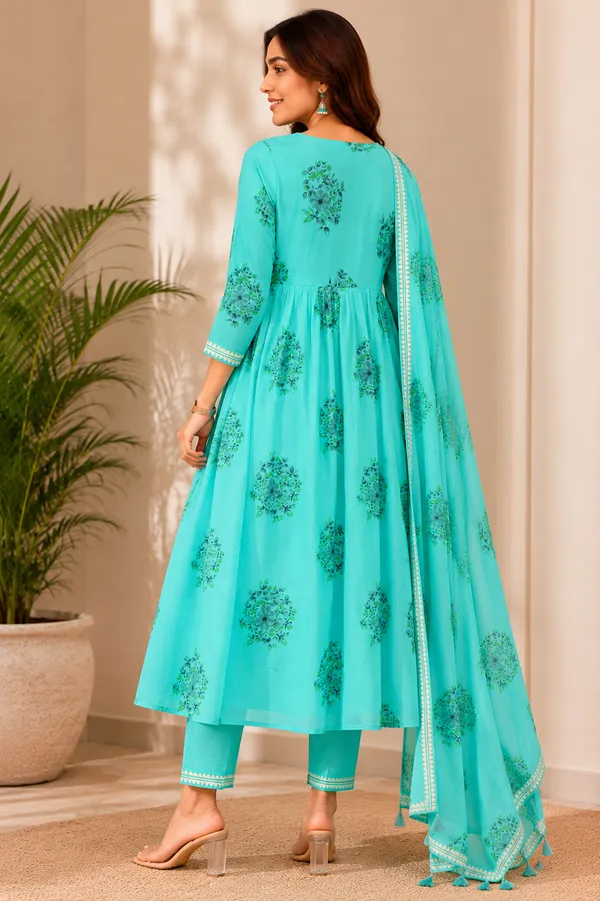 Turquoise_Cotton_Anarkali_Kurta_Set_For_Women