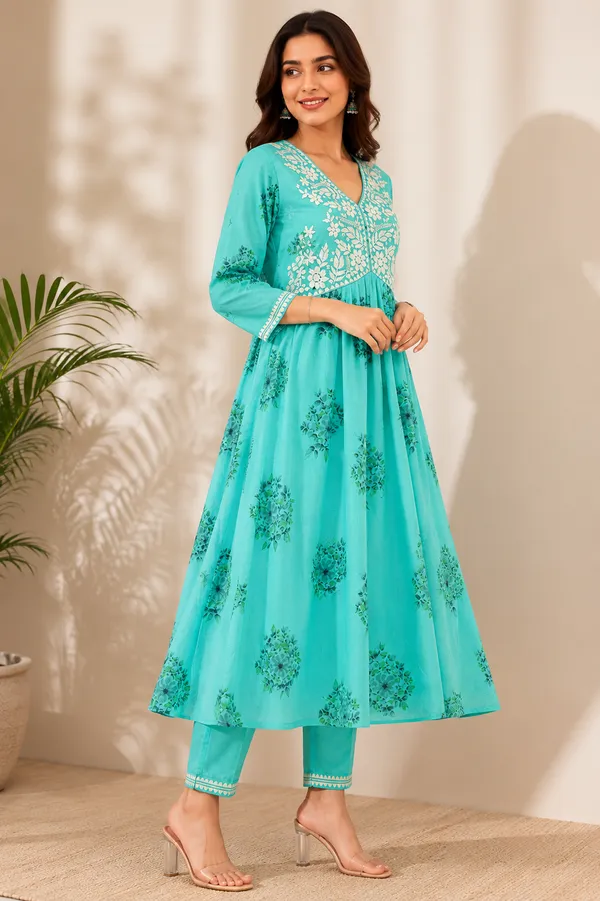 Turquoise_Cotton_Anarkali_Kurta_Set_For_Women