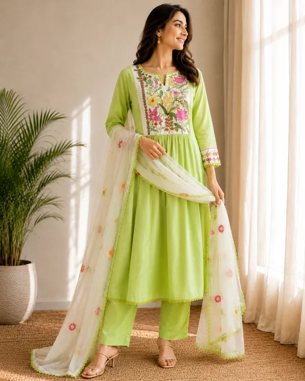 Green_Cotton_Anarkali_Kurta_Set_For_Women