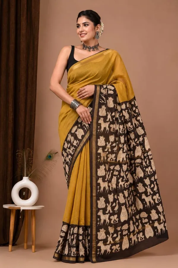 Mustard_Yellow_Chanderi_Silk_Kalamkari_Border_Saree_With_Matching_Blouse_For_Women
