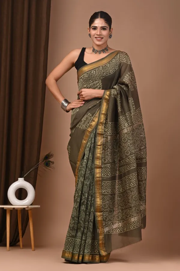 Olive_Green_Handloom_Maheshwari_Silk_Saree_With_Golden_Border