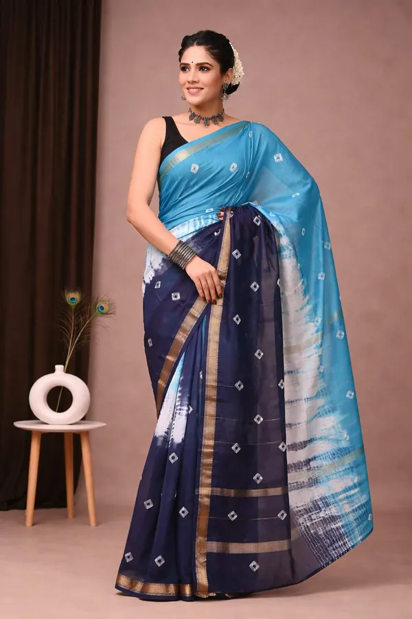 Blue_Maheshwari_Silk_Tie-Dye_Saree_With_Matching_Blouse_For_Women
