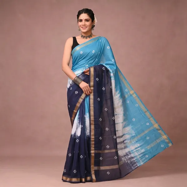 Blue_Maheshwari_Silk_Tie-Dye_Saree_With_Matching_Blouse_For_Women