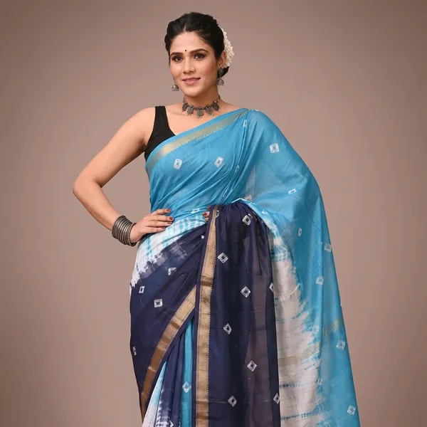 Blue_Maheshwari_Silk_Tie-Dye_Saree_With_Matching_Blouse_For_Women