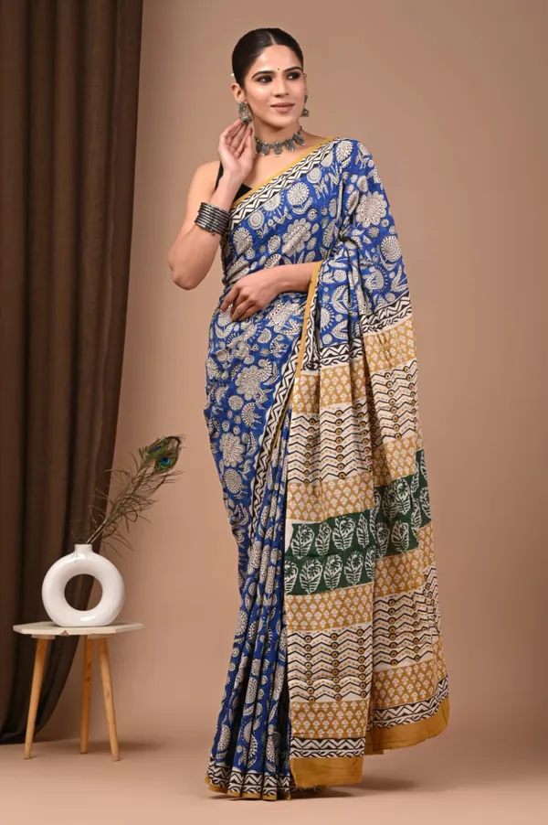 Blue_Printed_Pure_Cotton_Saree_With_Matching_Blouse_For_Women