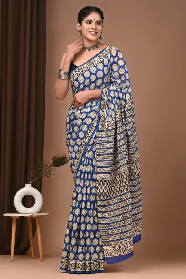 Blue_Pure_Cotton_Saree_With_Matching_Blouse_With_Golden_Buti_Work_For_Women