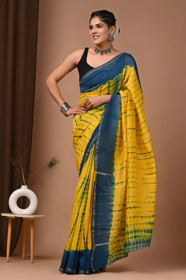 Yellow_Chanderi_Silk_Tie-Dye_Saree_With_Matching_Blouse_With_Blue_Border_For_Women