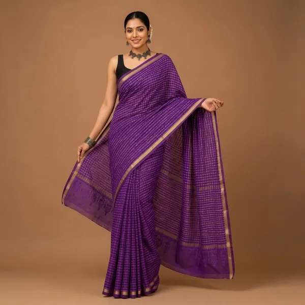 Purple_Chanderi_Silk_Checked_Pattern_Saree_With_Matching_Blouse_For_Women