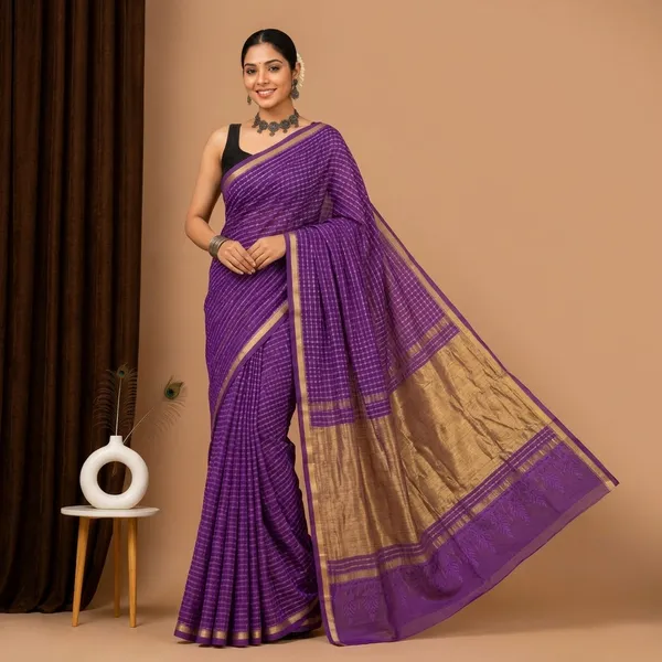 Purple_Chanderi_Silk_Checked_Pattern_Saree_With_Matching_Blouse_For_Women