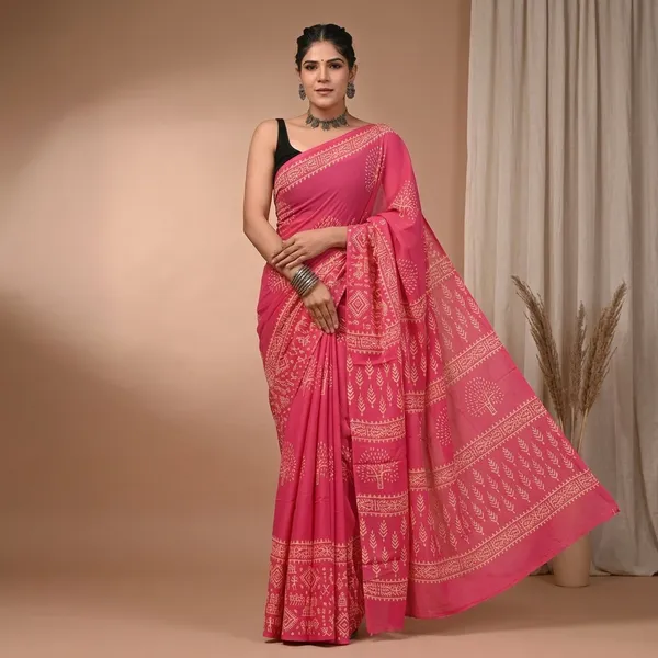 Pink_Georgette_Pure_Cotton_Print_Saree_With_Matching_Blouse_For_Women