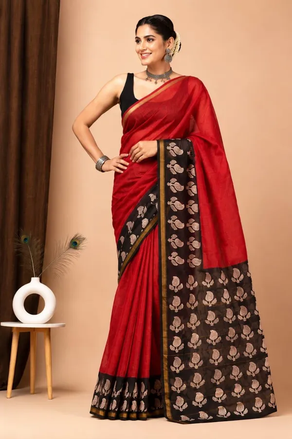 Red_Chanderi_Silk_Blend_Floral_Print_Saree_With_Matching_Blouse_For_Women