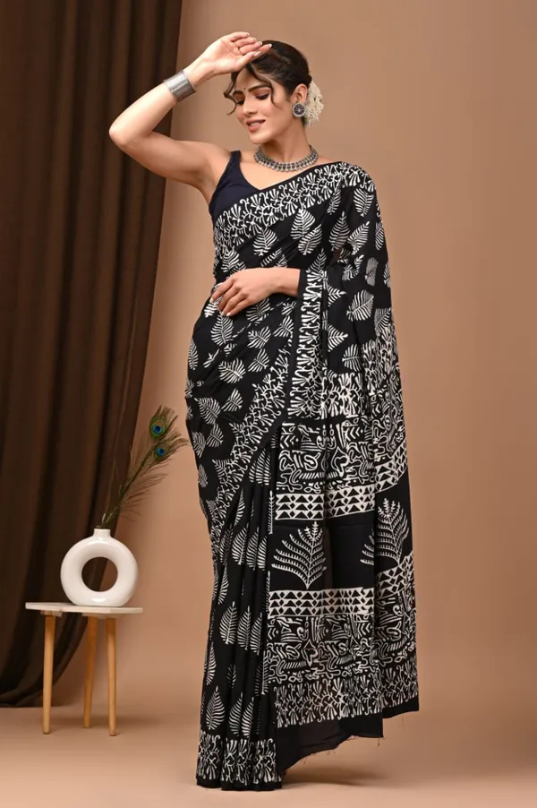 Black_White_Hand_Block_Printed_Pure_Cotton_Saree_With_Matching_Blouse_For_Women