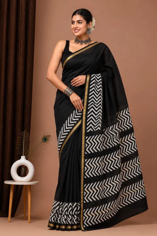 Black_Geometric_Print_Chanderi_Silk_Saree_With_Matching_Blouse_With_Gold_Border
