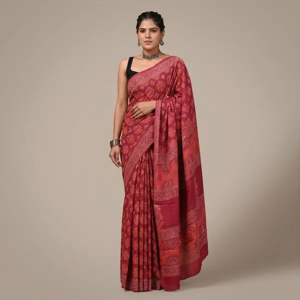 Red_Printed_Pure_Cotton_Saree_With_Matching_Blouse_For_Women