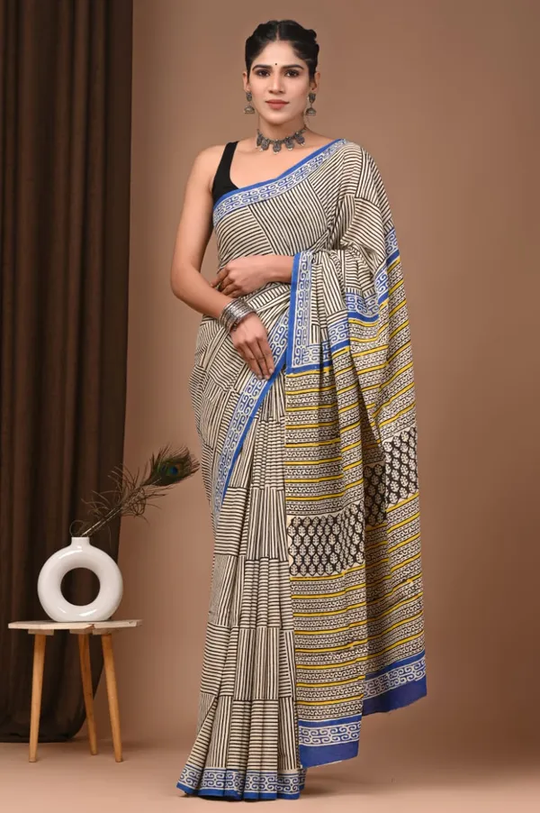 Black_And_Beige_Geometric_Print_Cotton_saree_With_Blue_Border