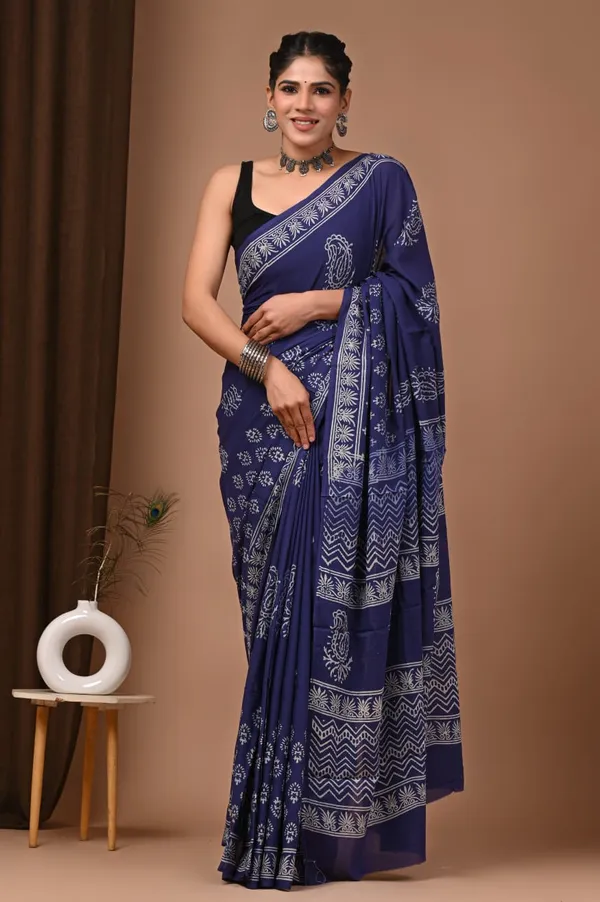 Navy_Blue_Hand_Block_Printed_Pure_Cotton_Saree_With_Matching_Blouse_For_Women